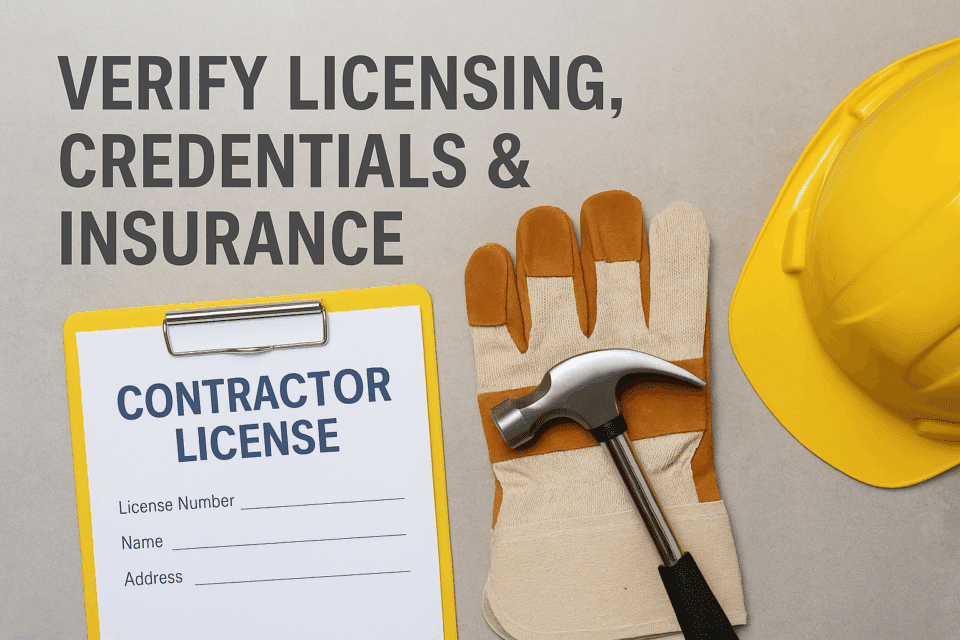 Contractor license verification concept with a clipboard showing a blank contractor license form, yellow work gloves, a hammer, and a yellow hard hat on a gray background. Text reads “Verify Licensing, Credentials & Insurance.