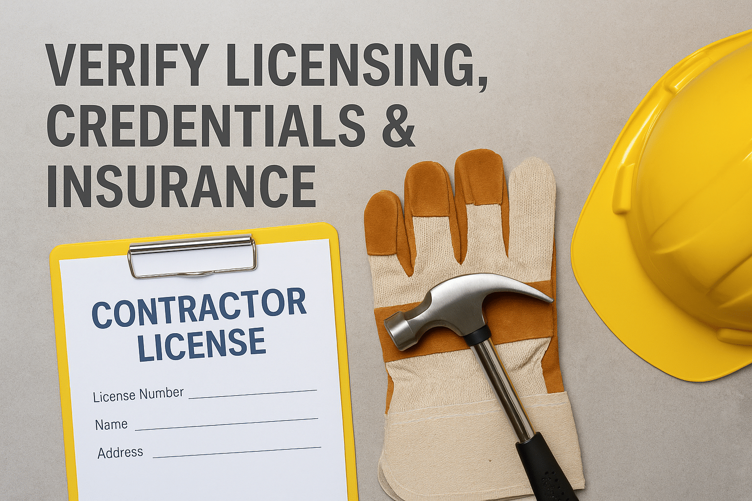 Contractor license verification concept with a clipboard showing a blank contractor license form, yellow work gloves, a hammer, and a yellow hard hat on a gray background. Text reads “Verify Licensing, Credentials & Insurance.
